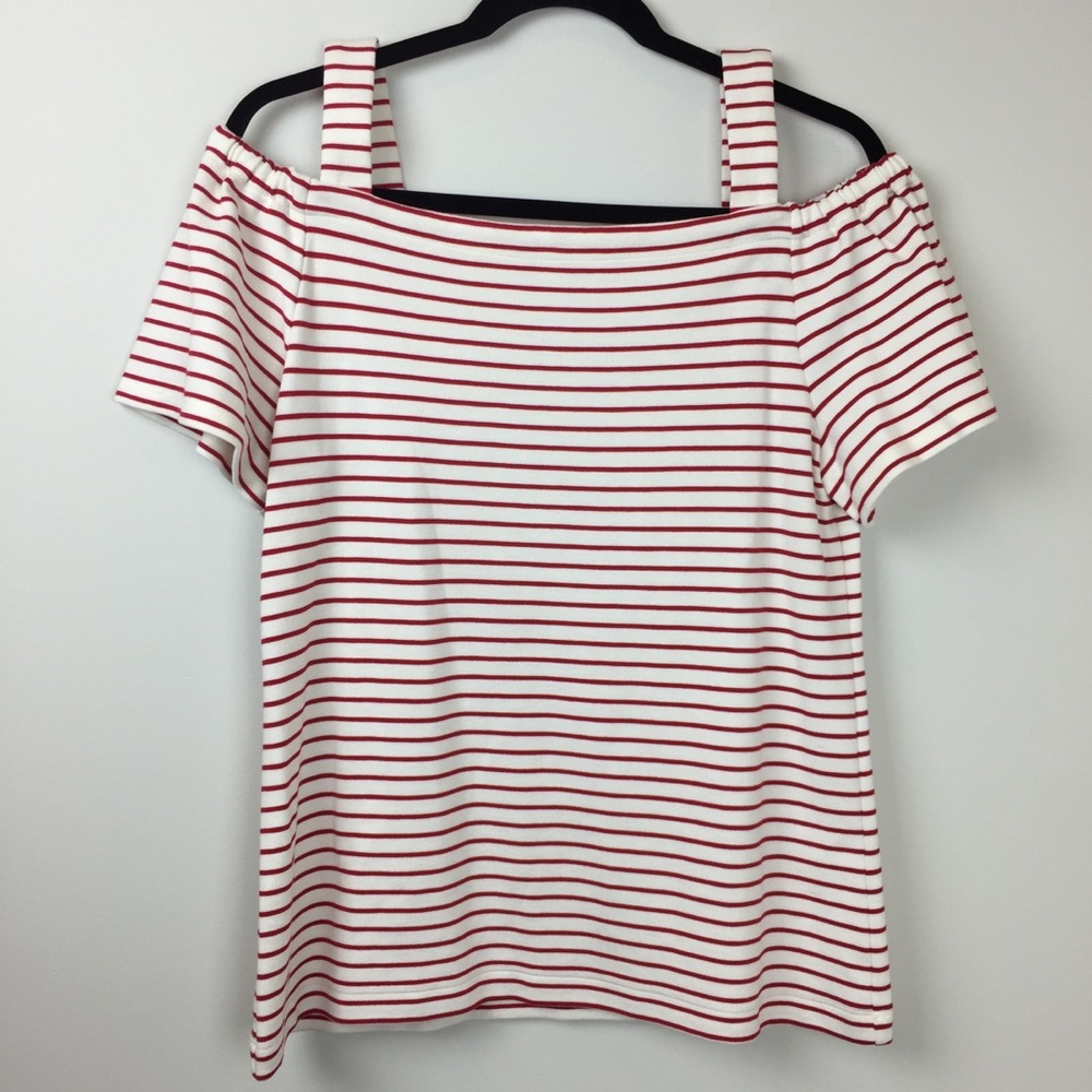 Ann Taylor Red & Ivory Stripes Off Shoulder Top M